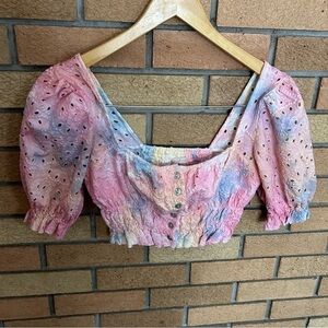 NWT Urban Outfitters Women’s Rainbow Pastel Tie Dye Puff Sleeve Crop Top Size S